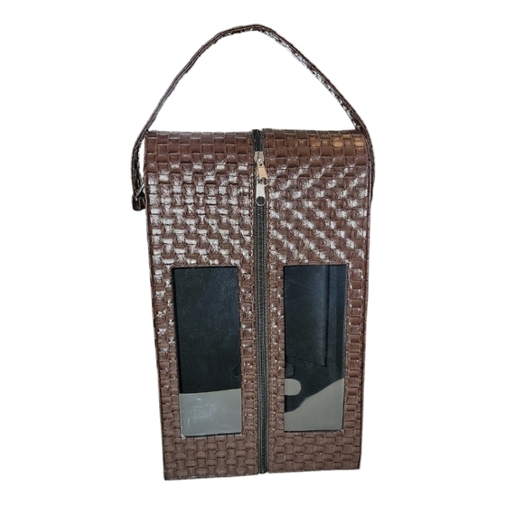 Double Wine Bottle Leather Look Carrier Case dark chocolate brown woven material - Picture 2 of 6